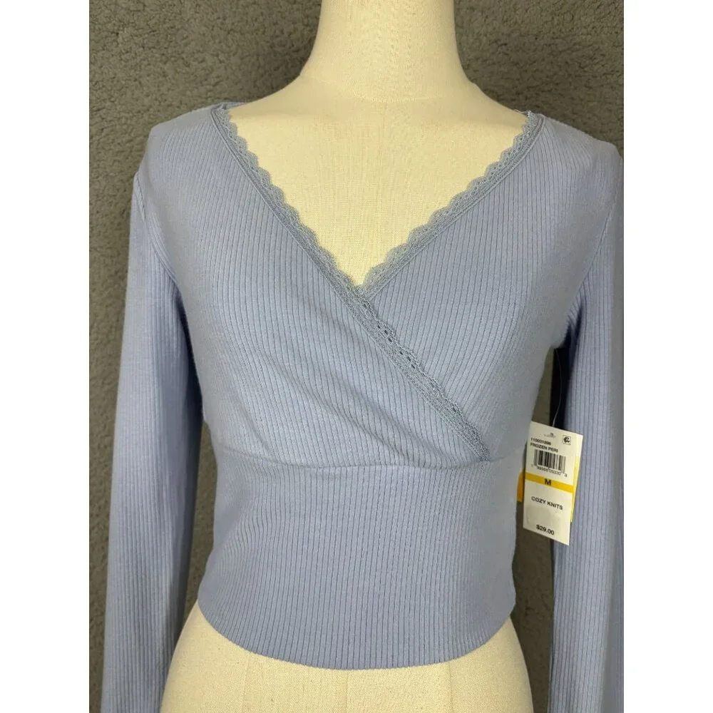 Sugar Moon Women's Juniors' Rib-Knit Surplice Top Blue Size Medium NWT's